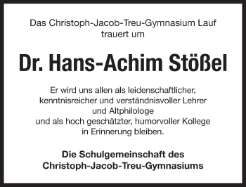 Traueranzeige von Hans-Achim Stößel von Pegnitz-Zeitung